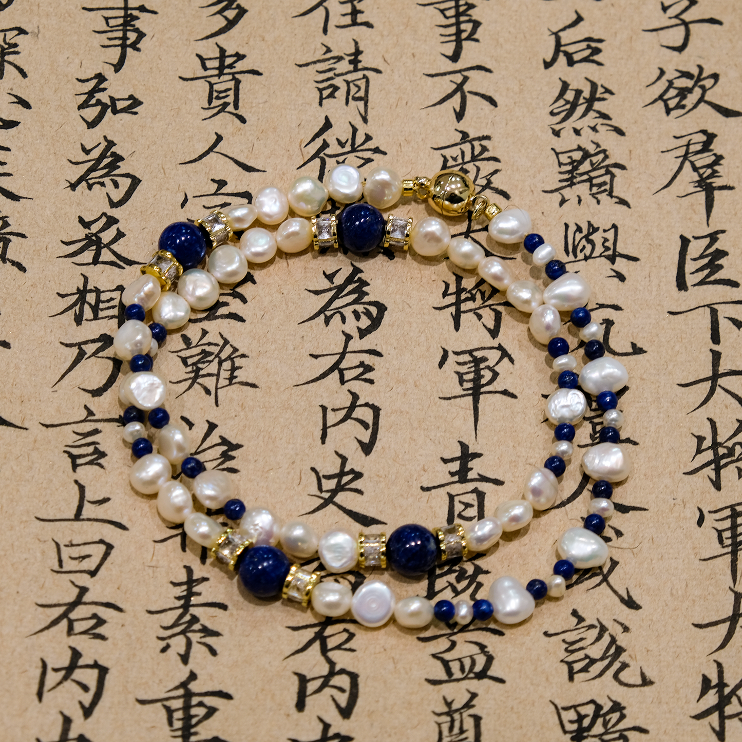 Golden aerial bird-Pearl with Blue Lapis Beaded Necklace