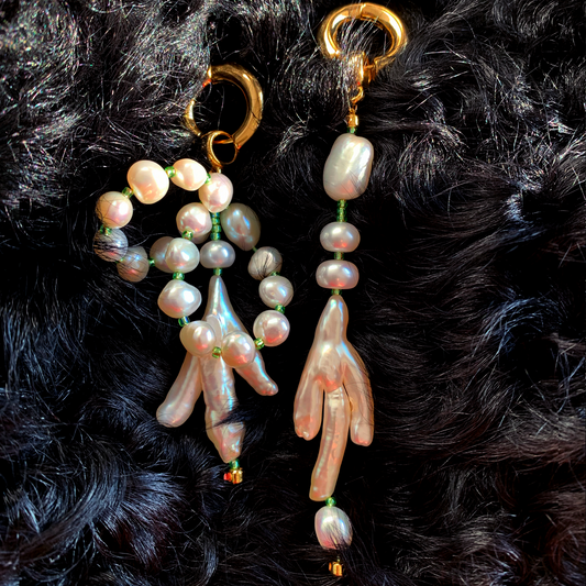 Lily of the Valley Pearl with Glass Beaded Ghost Hand Earrings