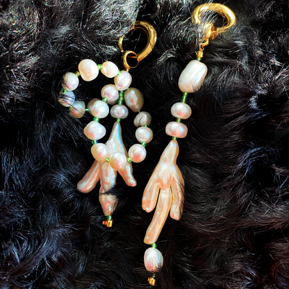 Lily of the Valley Pearl with Glass Beaded Ghost Hand Earrings