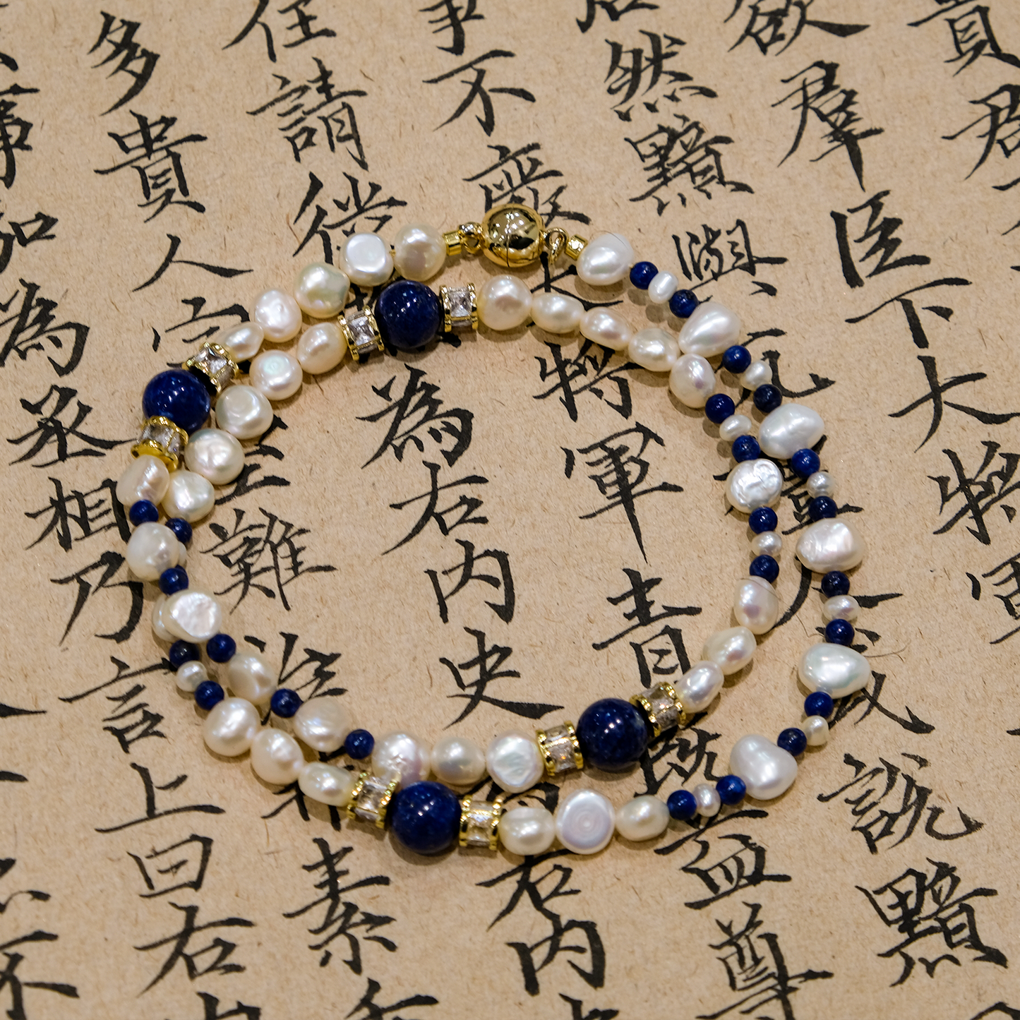 Golden aerial bird-Pearl with Blue Lapis Beaded Necklace