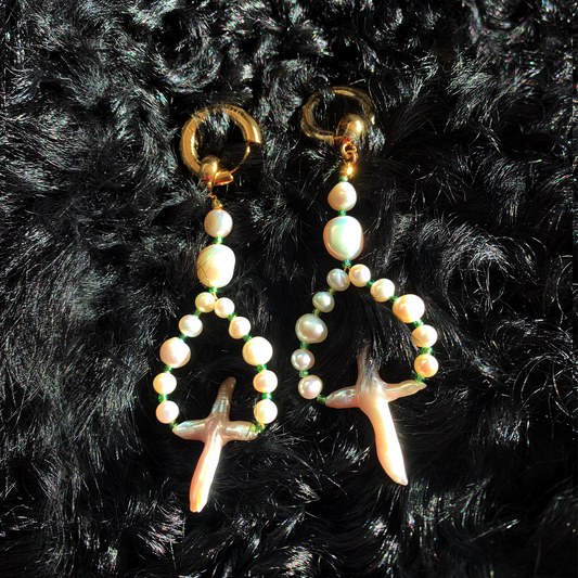 Lily of the Valley Cross Pearl Earrings with Miyuki Glass Beads