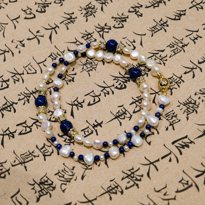 Golden aerial bird-Pearl with Blue Lapis Beaded Necklace